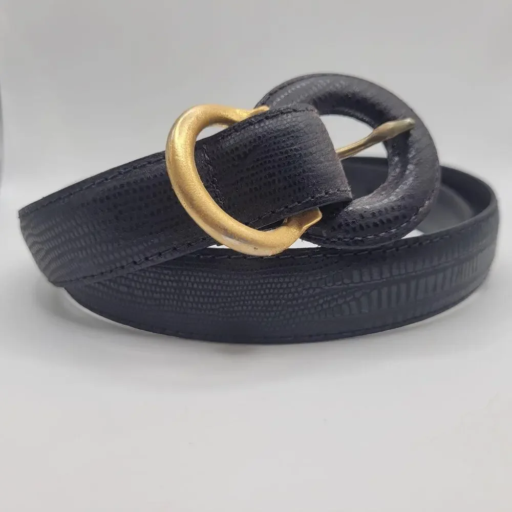 VTG Leather Shop Belt Lg Black Leather Lizard Embossed Round Buckle 80s Retro